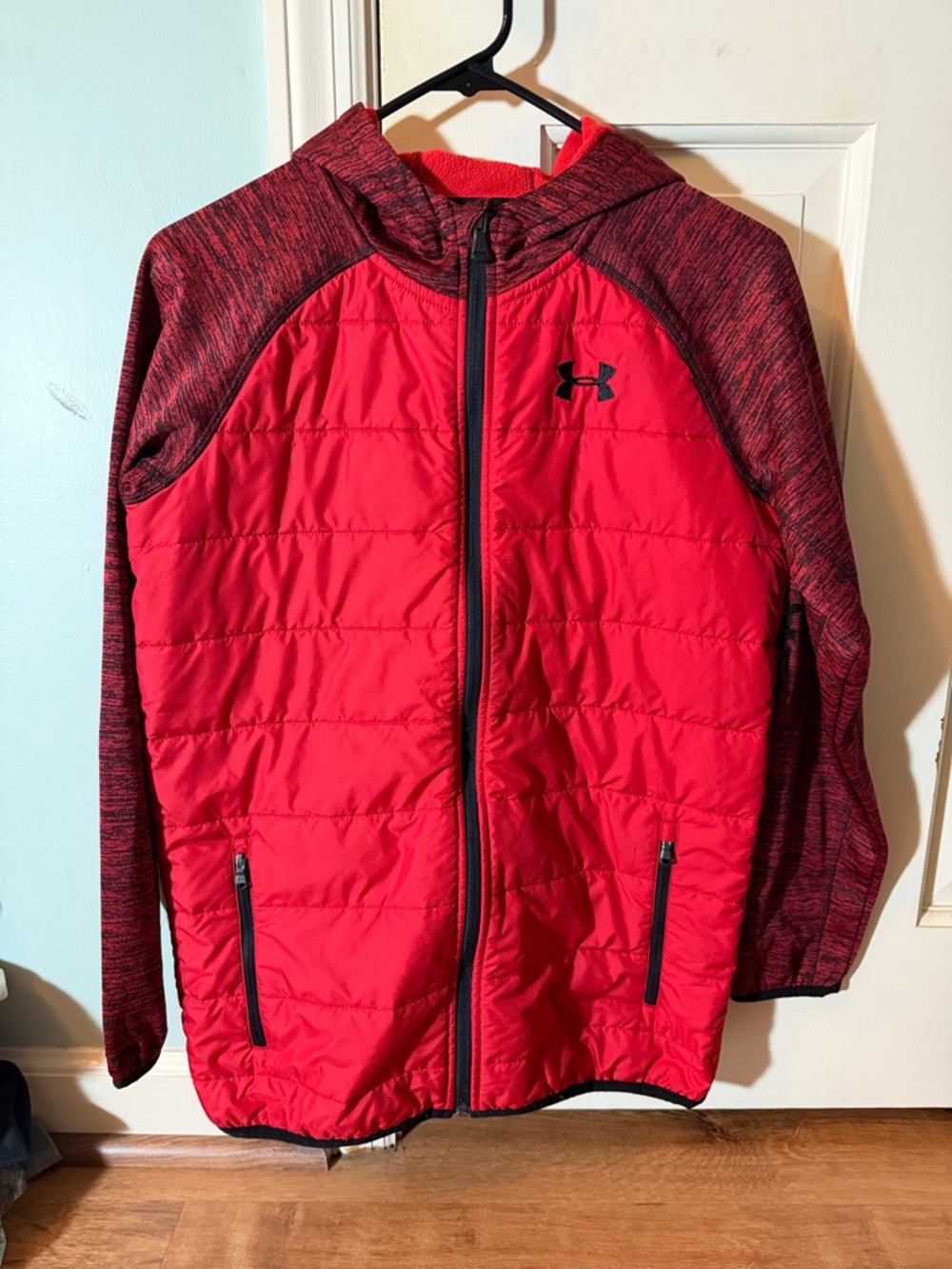 Under Armour Red and Maroon Quilted Hooded Jacket size youth xl